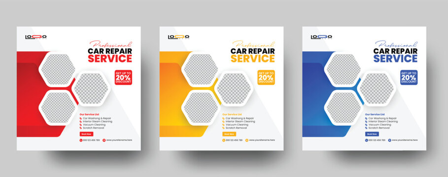 Set of auto car repair service square banner design template. Editable car repair service banner. Usable for social media posts, banners, and web.