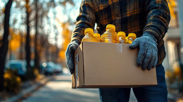 Supporting Local Business Concept: Volunteer Wearing Gloves Holding Grocery Box for Donation