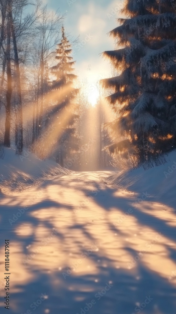 Poster soft golden rays filter through frost-covered trees, illuminating a peaceful winter pathway. the war