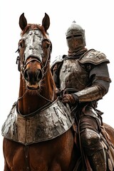 Fototapeta premium Armored knight mounted on a horse, isolated.