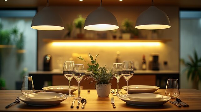 Romantic dinner setting with elegant tableware on wooden table, warm lighting.