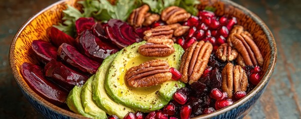Fototapeta premium A festive salad bowl showcasing seasonal ingredients like roasted beets, sliced avocado, pomegranate seeds, and candied pecans, all arranged in a vibrant ceramic dish