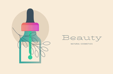 Natural organic cosmetic composition with serum. Bottles, Jars, tubes of lotion, cream, scrub, gel in bright color eco friendly packaging. Flat vector cartoon illustration.