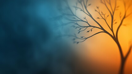 Silhouette of a tree against a vibrant orange and blue background. Peaceful and serene.