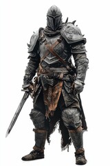 Obraz premium Dark armored warrior, sword drawn, isolated.