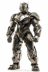 Powerful armored humanoid robot stands, metallic grey.