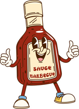 Naklejki Cartoon groovy barbecue sauce bottle character with happy face, vector emoji. Groovy BBQ sauce bottle character in retro cartoon with thumbs up and funky happy smile for fast food hot dog or grill