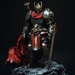 Dark armored knight, red cape, sword, rocky base.