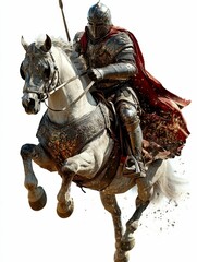 Armored knight on rearing horse, lance held high.