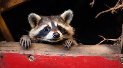 A mischievous raccoon explores a wooden structure, eagerly peeking from behind red boards, its face filled with curiosity and a hint of playful spirit.