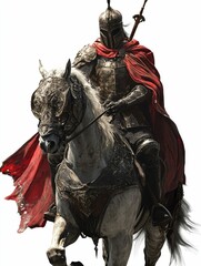 Fototapeta premium Armored knight, red cape, riding ornate horse.