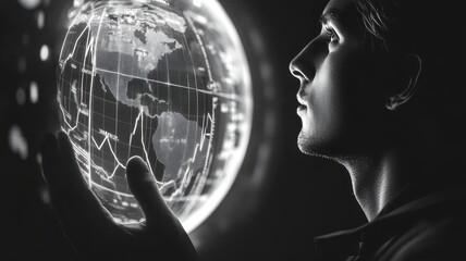 A contemplative figure gazes at a glowing globe, symbolizing exploration, knowledge, and the interconnectedness of the world.