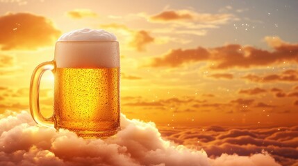 A golden beer mug with thick foam perched on a glowing cloud, surrounded by a gradient sunset sky, symbolizing a blissful drink experience.