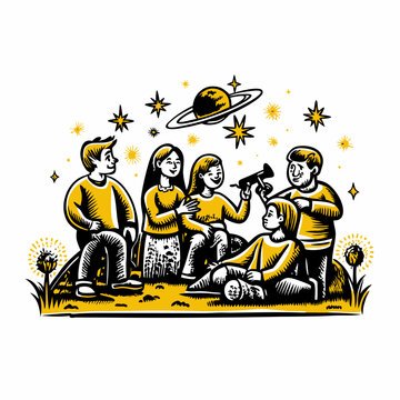 kids stargazing yellow planet stars clip art preview