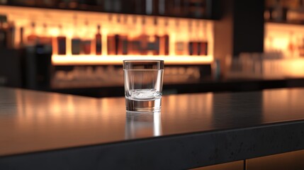 Empty shot glass on bar counter.