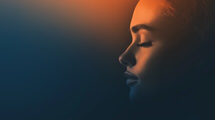 Serene woman's profile, illuminated by warm light against a cool backdrop. Eyes closed, peaceful expression.