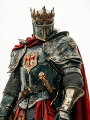 Fototapeta premium Medieval king, armored, crowned, sword, red cloak.