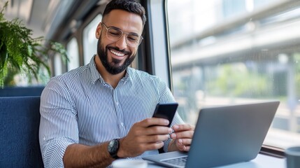 A bearded man wearing glasses, smiling while using a laptop and smartphone on a train, symbolizing productivity and modern travel conveniences.
