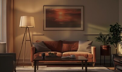 A beautifully designed living room exudes warmth and comfort, featuring a modern picture frame adorned with sunset artwork. Soft lighting enhances the inviting atmosphere