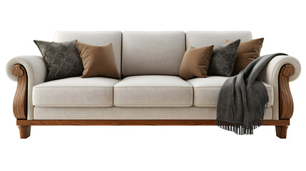 A white couch with brown pillows and a black and white blanket on it