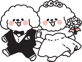 Fototapeta premium Adorable Wedding Dogs in Tuxedo and Bridal Gown Holding Flowers