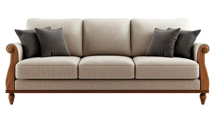 A white couch with black pillows and a black and white pattern