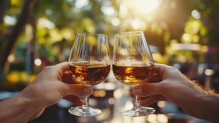 Two hands clinking wine glasses outdoors.