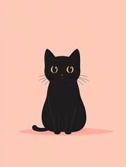Cute black cat with wide eyes on minimalist pink background