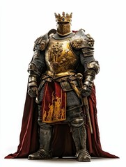 Fototapeta premium Ornate armored figure, crowned, regal cloak.