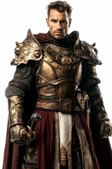 Fototapeta premium Ornate gold armor, serious warrior, crimson cloak.
