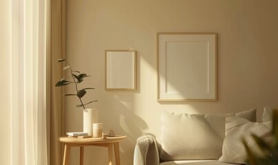 Soft sunlight filters through sheer curtains, illuminating a stylish living room mockup with a minimalist design. A set of picture frames awaits the perfect artwork, complementing the serene decor