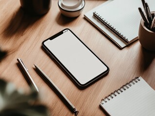 Smartphone with blank screen on wooden desk with stationery.