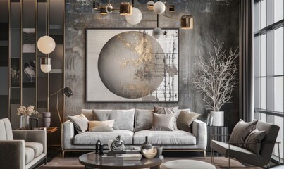 Stylish living room arrangement featuring a chic picture frame displaying abstract art. The muted color palette complements the elegant furniture and unique lighting elements for a contemporary feel