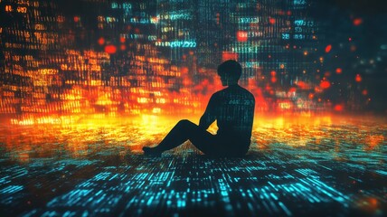 A silhouette sits amidst a vibrant digital landscape filled with glowing data streams, symbolizing technology and introspection.