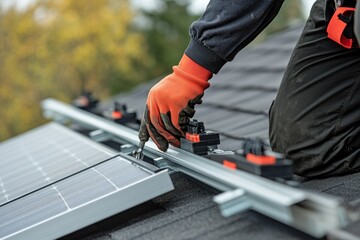 Close-up of worker installing solar panel on roof. (1)