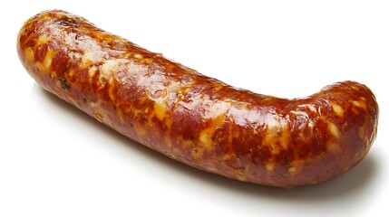 A sausage luying on a white surface.