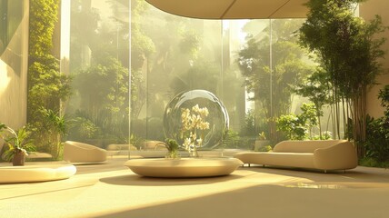 Fototapeta premium A serene indoor space filled with greenery, featuring modern furniture, soft lighting, and an inviting atmosphere.