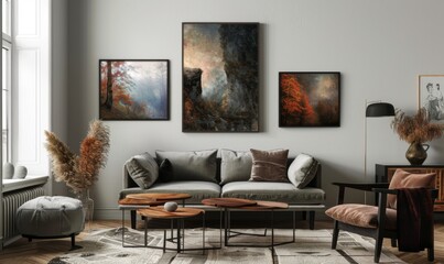 This cozy living room features a stylish arrangement of picture frames displaying stunning artwork with rich autumn colors. Soft furnishings and natural light create a warm ambiance