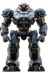 Fototapeta premium Large, dark, armored robot stands alert.