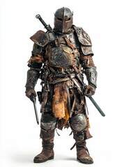 Fototapeta premium Weathered warrior, armored, sword, pistol, standing.