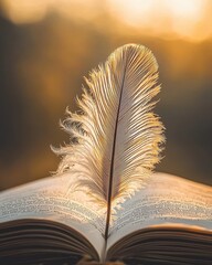 Captivating feather quill adorning an open book at sunset inspiring literary creativity in tranquil nature setting