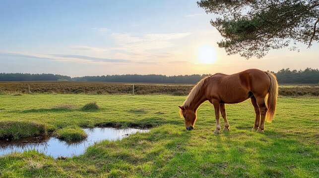 A solitary brown horse gently grazes by a tranquil water body under the calming light of sunrise, symbolizing peacefulness and connection to nature.