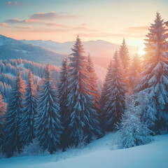 Fantastic winter landscape panorama in snowy mountains glowing by evening sunlight. Dramatic wintry scene with frozen snowy trees at sunset. Christmas holiday background 