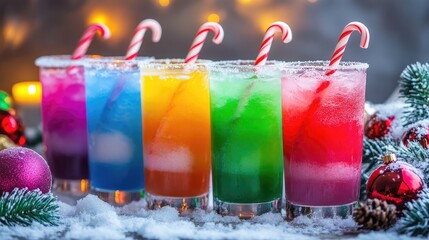 Selection of colorful mocktails in frosted glasses with candy cane stirrers, snow-dusted ornaments, and glowing holiday candles around.