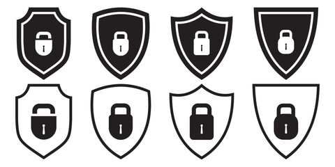 Security shield icons, security shields logotypes with check mark and padlock. Safety shield symbols. Vector illustration