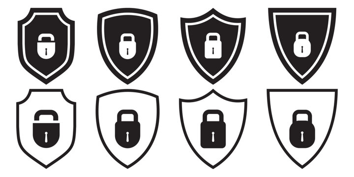 Security shield icons, security shields logotypes with check mark and padlock. Safety shield symbols. Vector illustration