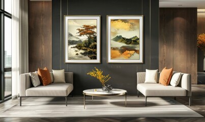 This contemporary living room showcases a set of two striking picture frames on a dark wall. With stylish furniture and decorative elements, it creates an inviting atmosphere for relaxation