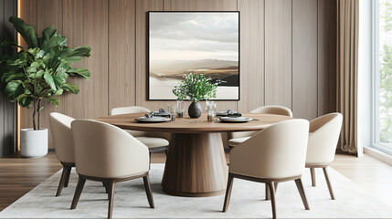 Cozy Scandinavian Living Room with Rustic Dining Table and Beige Chairs