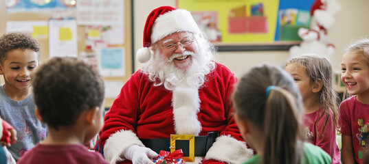 Santa claus is giving christmas gifts to happy preschool children