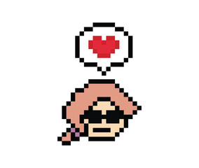 Cute pixel cartoon 8bit character woman lady feel love happy happiness heart emotion lifestyle decoration life style 8 bit female girl fun happy like favorite mood game isolated PNG vector.